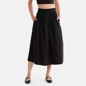 NWT Calvin Klein Smocked Waist Crisp Cotton Poplin Midi Skirt Black A Line MD